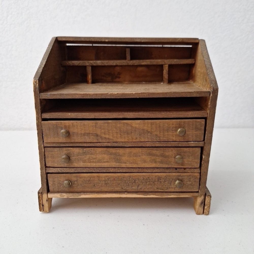Antique Handmade Doll's Toy Cupboard Drawers Shelves Wood w/Brass See Pics
